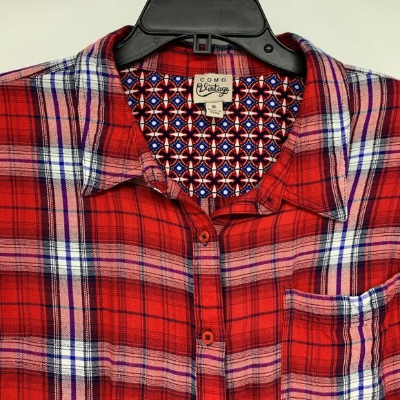 Como Vintage Top Red Plaid Button Down Roll Tab Long Sleeve Shirt - Picture 2 of 11
